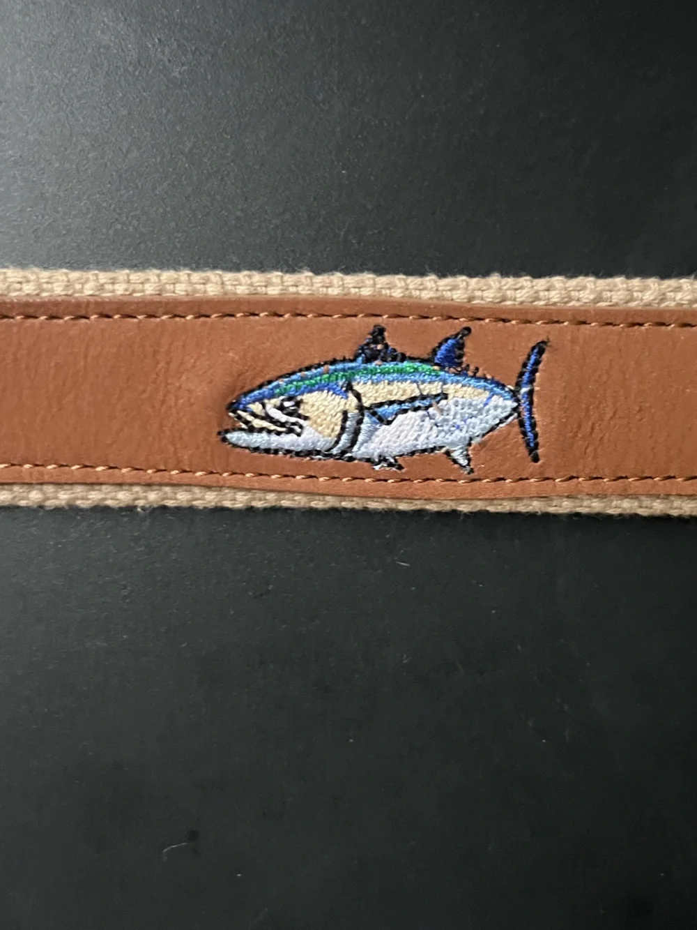 NWOT Guy Harvey Tan Leather Belt with Multicolor Tuna Embroidery